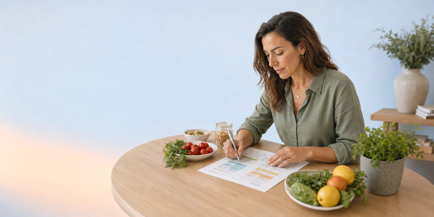 Dietitian reviewing a nutrition plan beside fresh ingredients